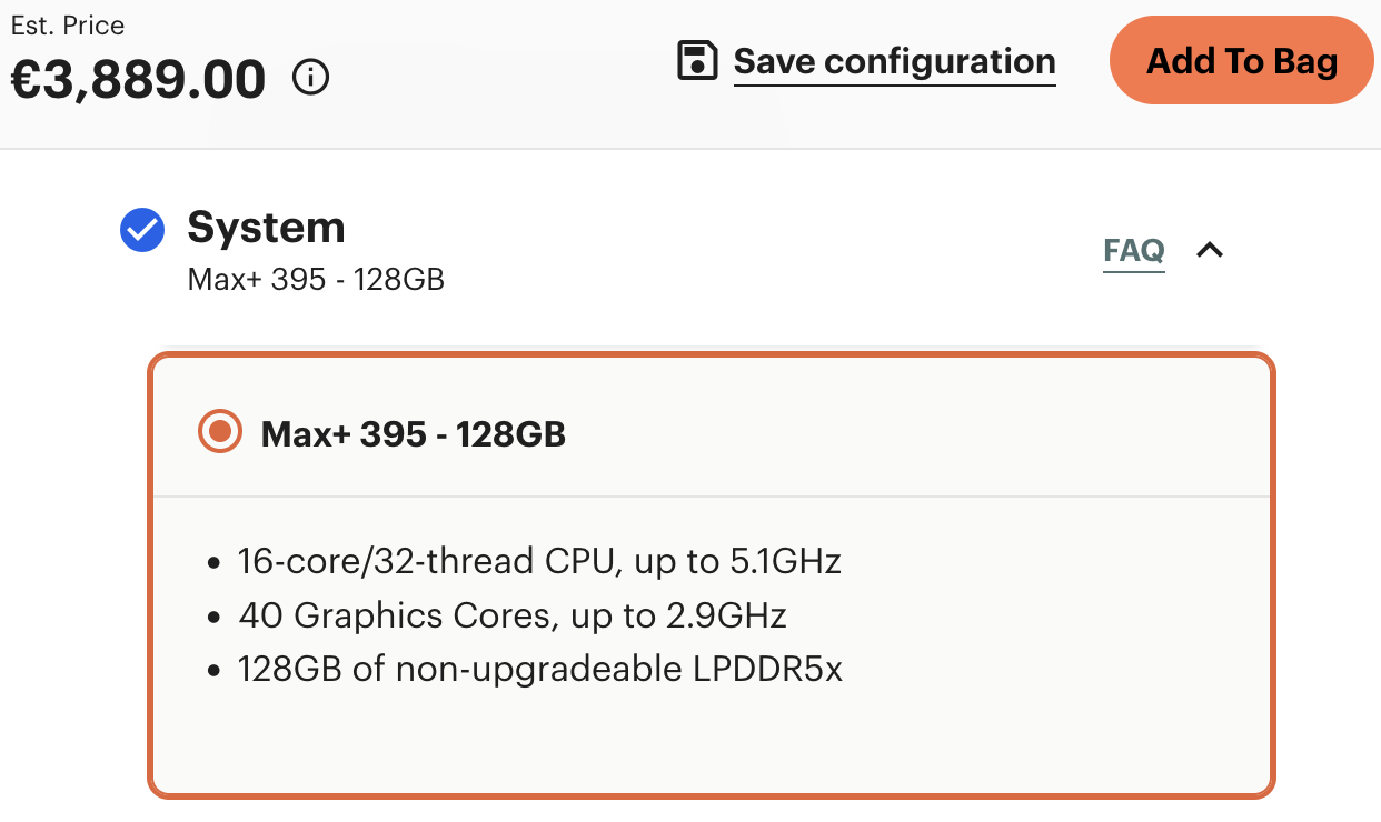 Est. Price €3,899 AMD AI Max+ 395 with 128GB RAM